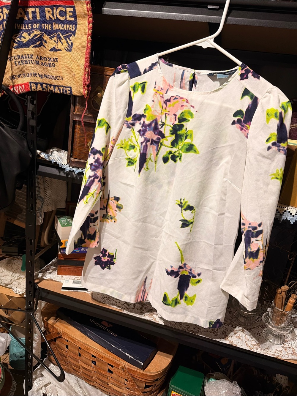 French Connection White Floral Long Sleeve Blouse with Purple & Green Accents